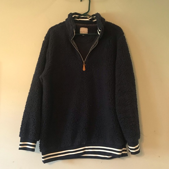 Blue Half Zip Sherpa Pullover with Varsity Stripe - Picture 1 of 6